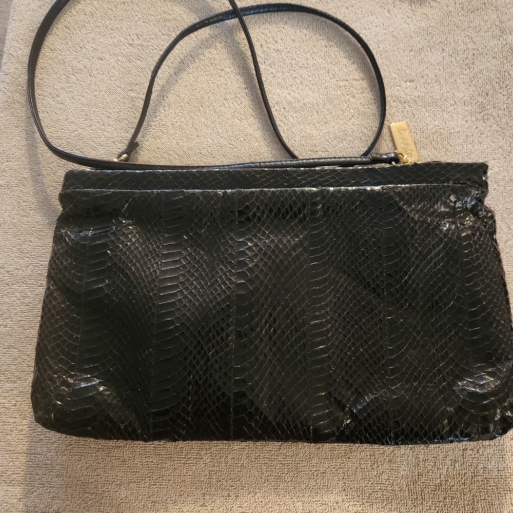Black Snakeskin Pattern Crossbody Bag By Marshall Fields